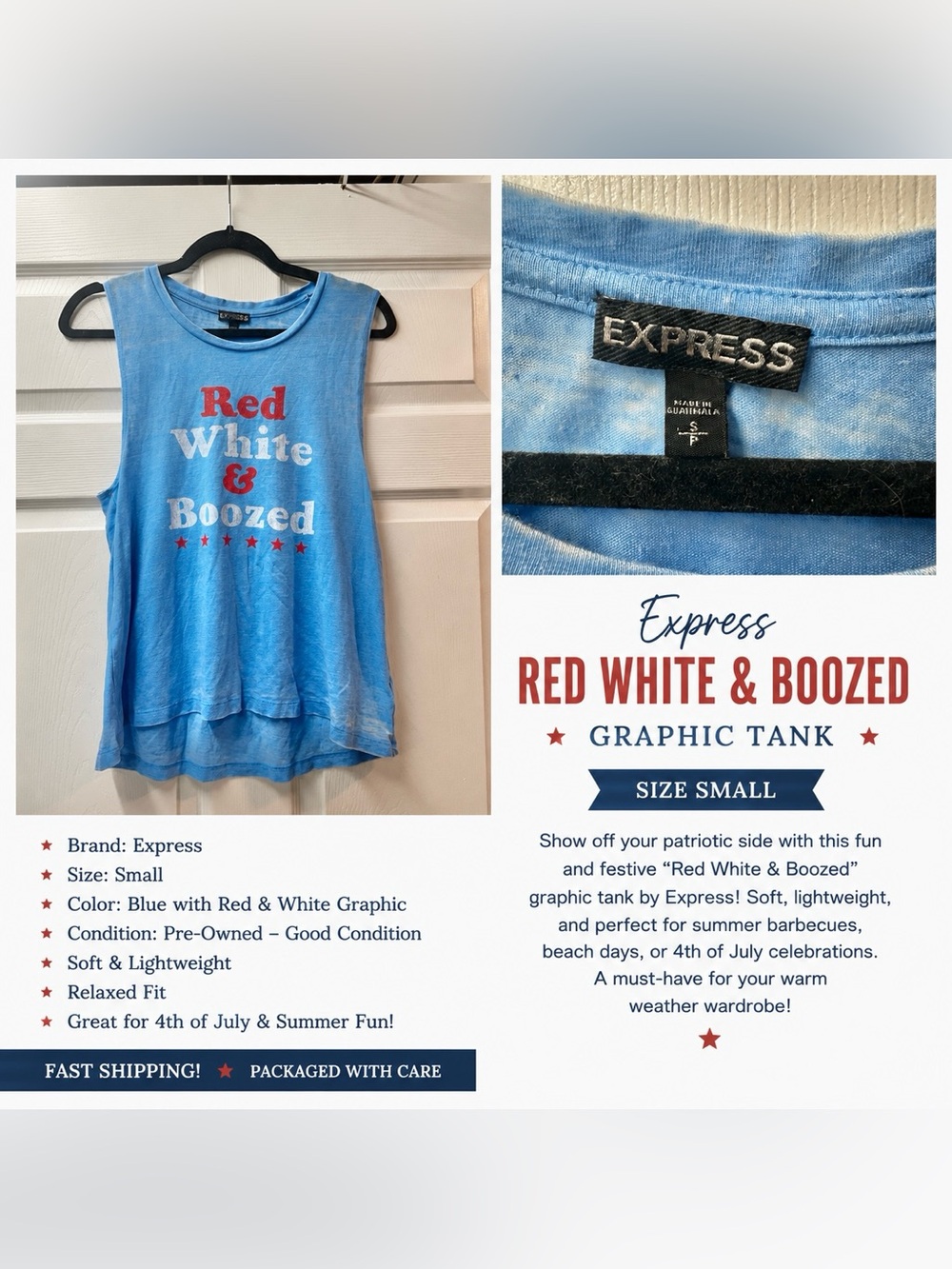 Express Blue Tank Top with Red & White Graphic